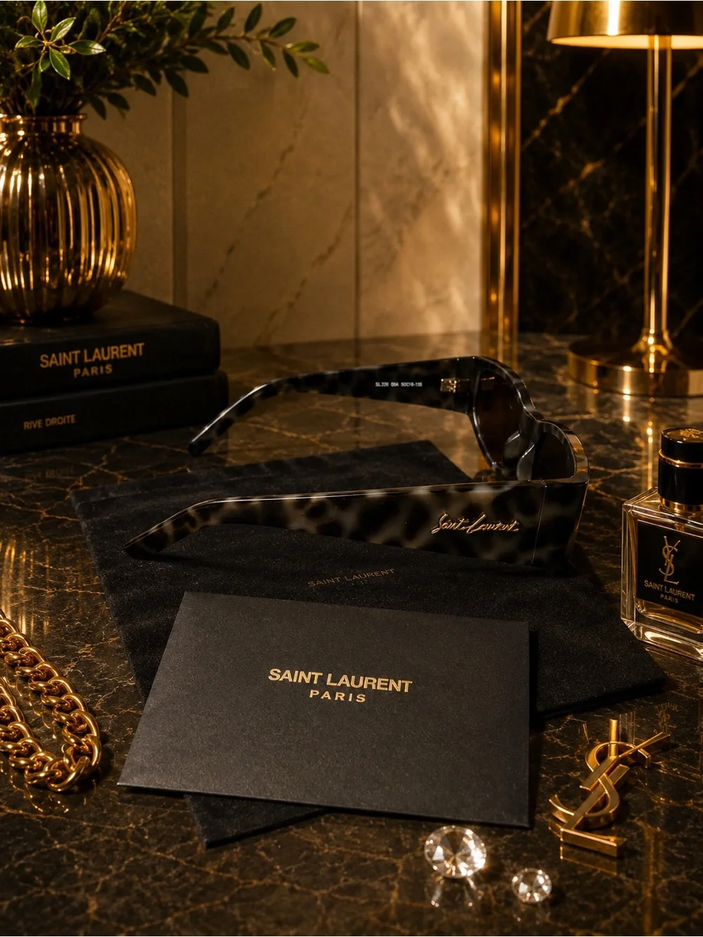 Saint Laurent Tortoiseshell Rectangular Sunglasses in Brown/Black